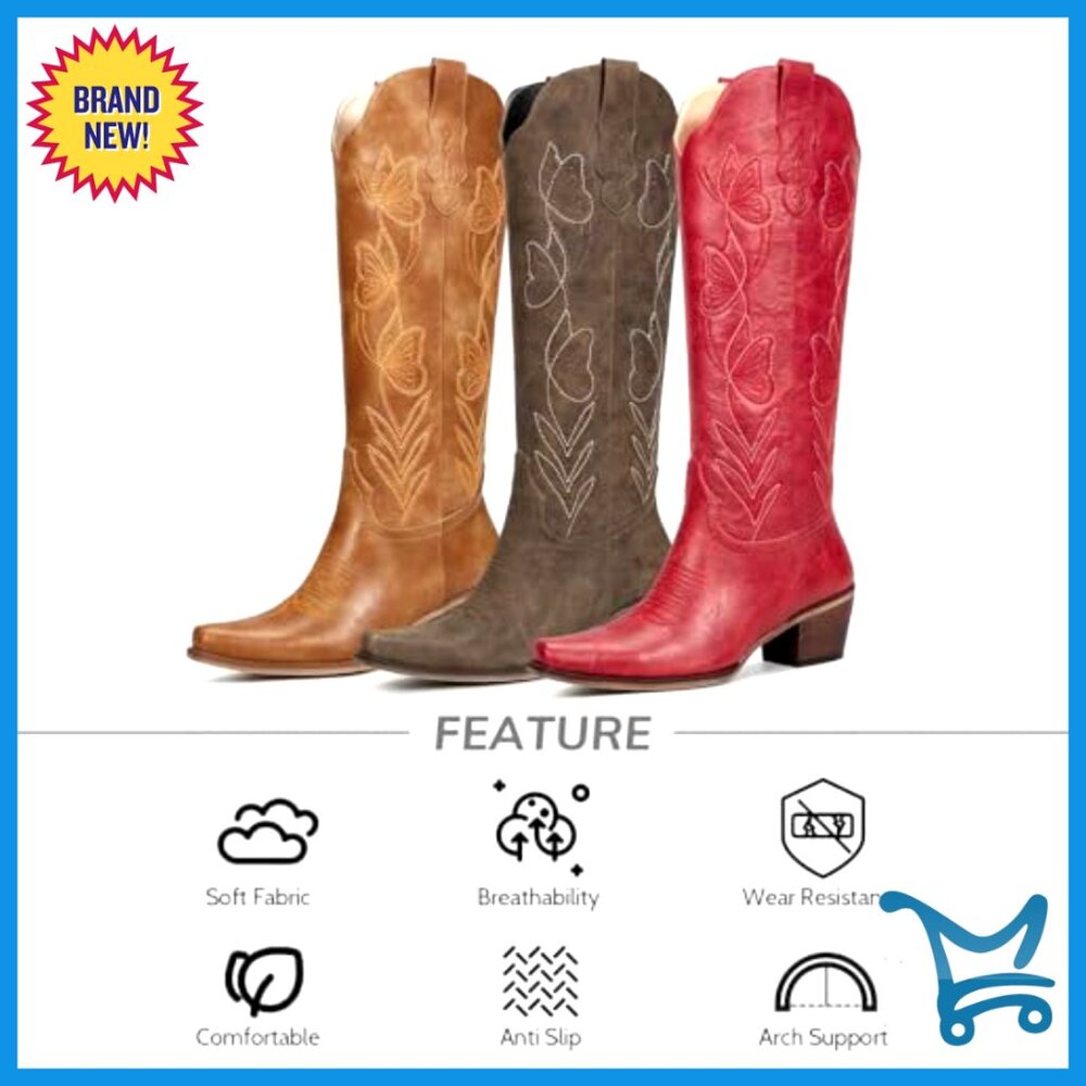 Knee High Cowboy Boots with Butterfly Embroidery Chunky Heel Western Style - Picture 5 of 7